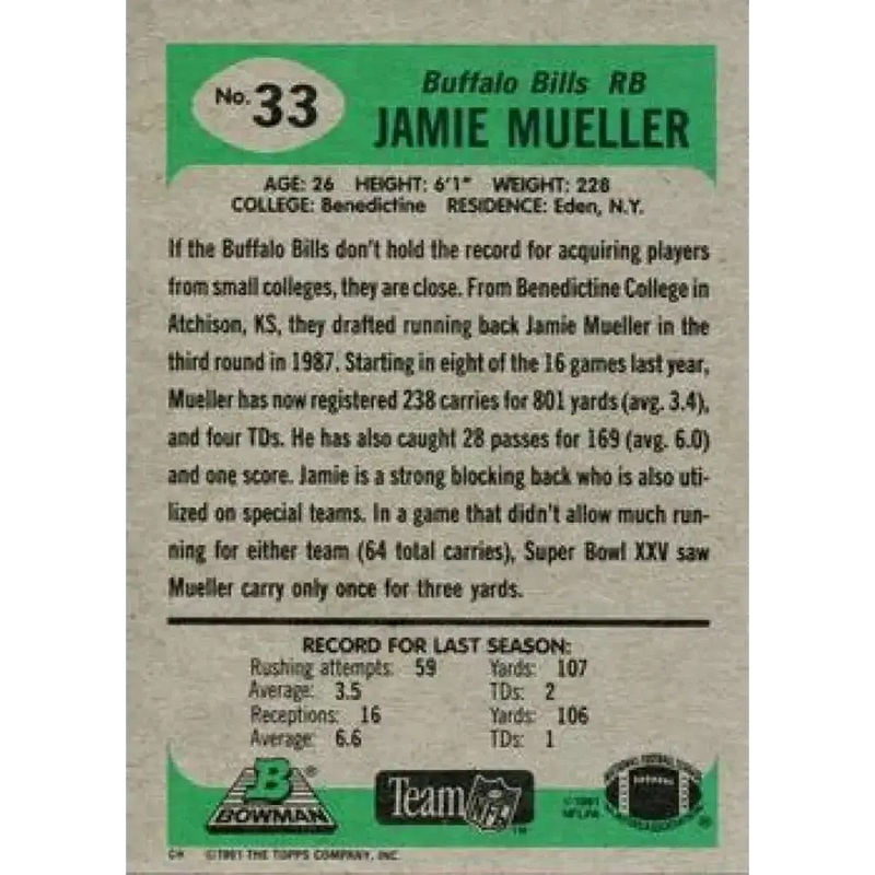 1991 Bowman #33 Jamie Mueller NM-MT Buffalo Bills Football Card - Football Card Single