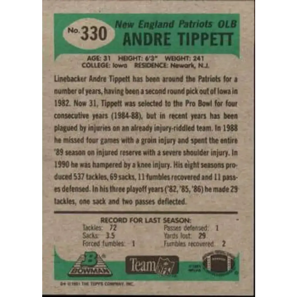 1991 Bowman #330 Andre Tippett NM-MT New England Patriots Football Card - Football Card Single
