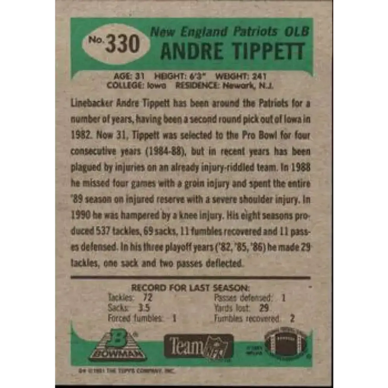 1991 Bowman #330 Andre Tippett NM-MT New England Patriots Football Card - Football Card Single