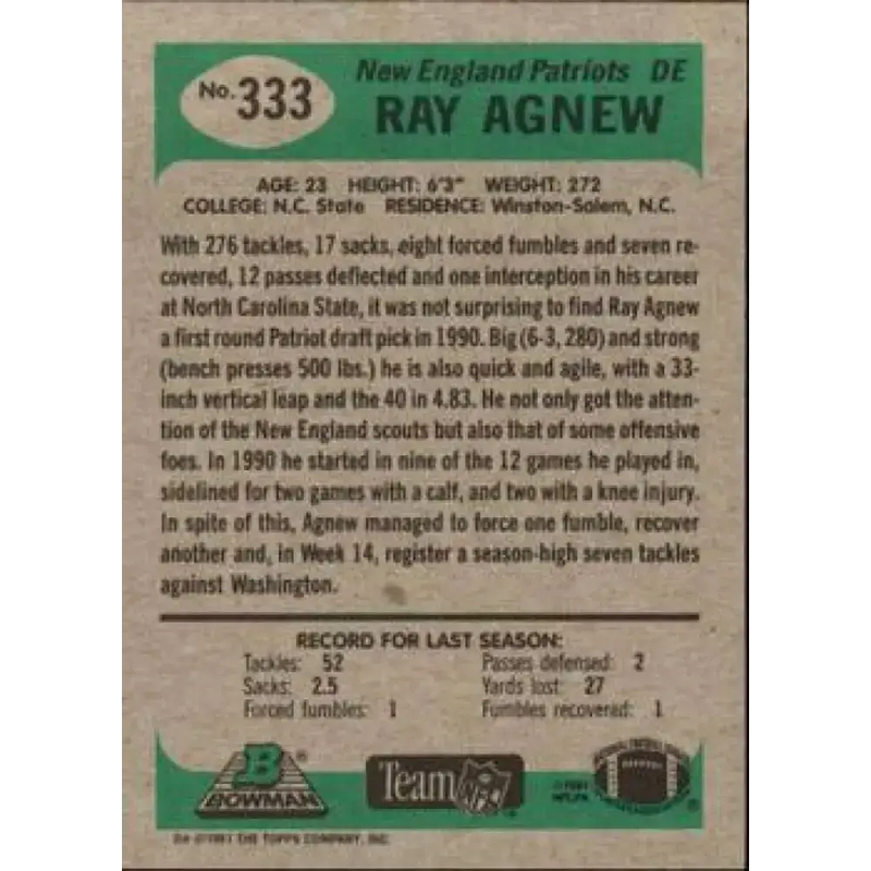 1991 Bowman #333 Ray Agnew NM-MT New England Patriots Football Card - Football Card Single