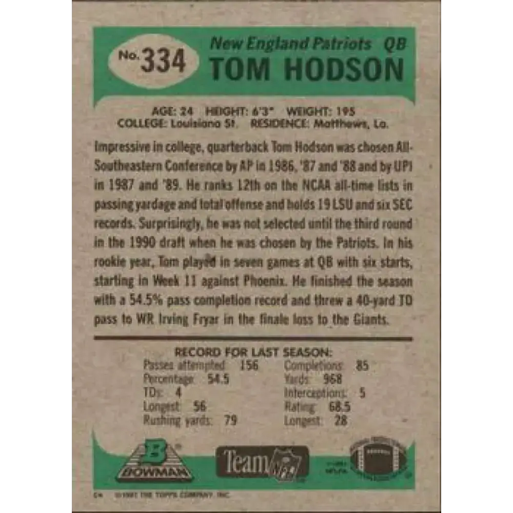 1991 Bowman #334 Tommy Hodson NM-MT New England Patriots Football Card - Football Card Single
