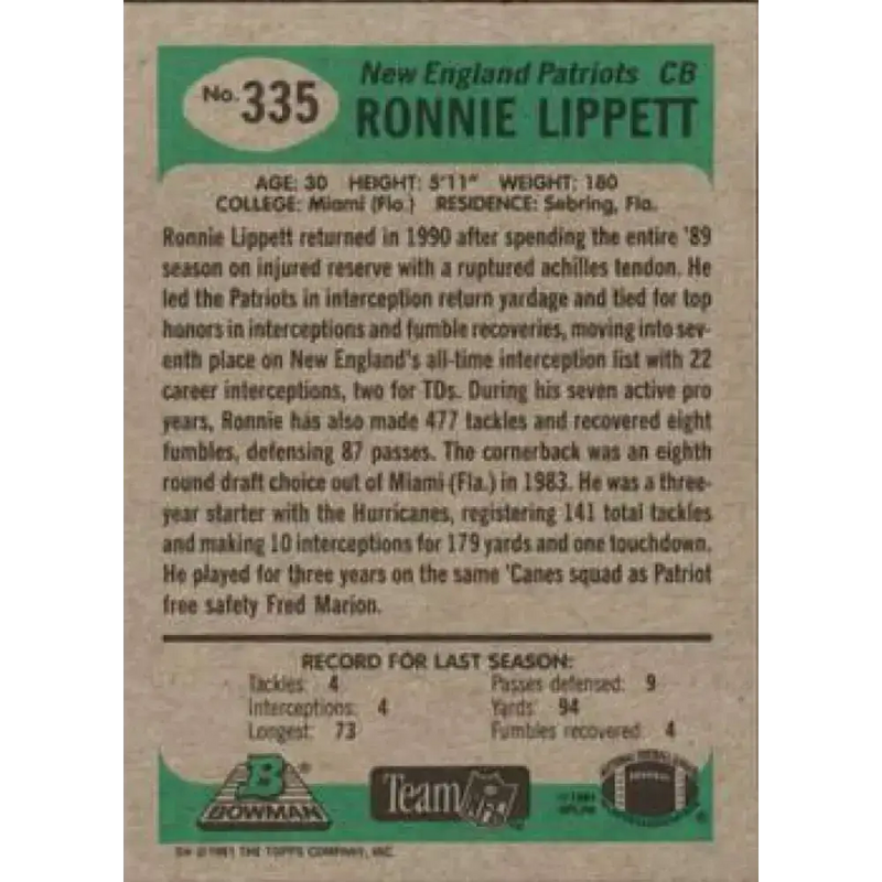 1991 Bowman #335 Ronnie Lippett NM-MT New England Patriots Football Card - Football Card Single