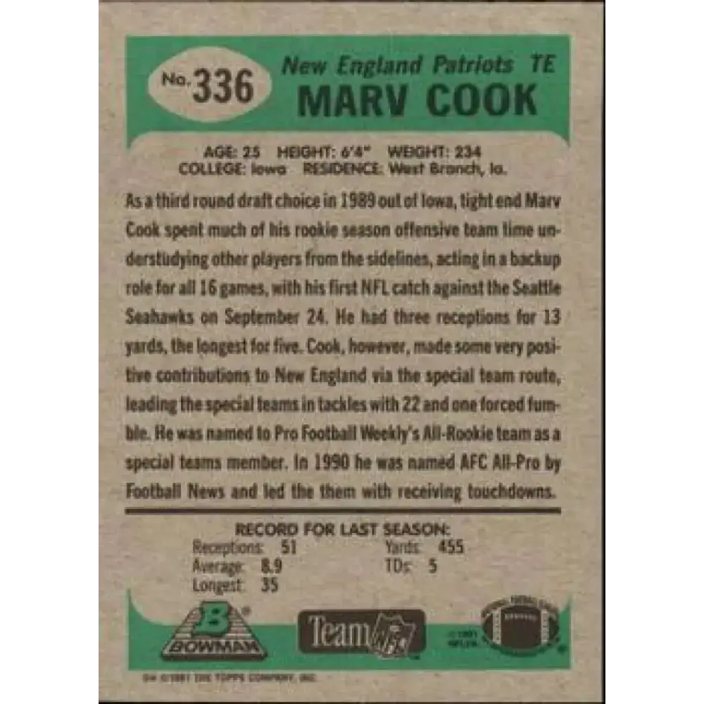 1991 Bowman #336 Marv Cook NM-MT New England Patriots Football Card - Football Card Single