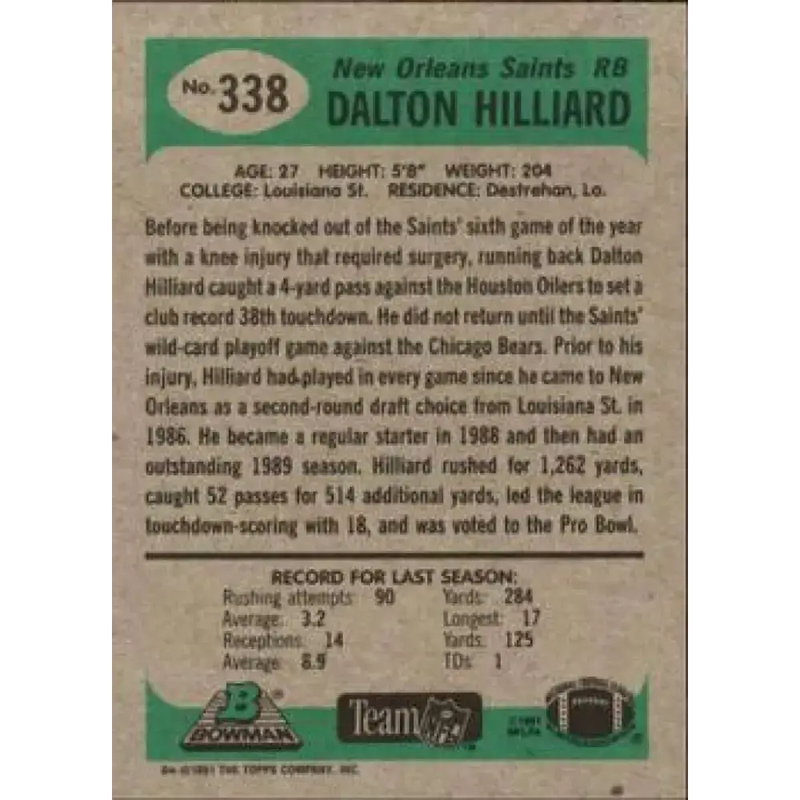 1991 Bowman #338 Dalton Hilliard NM-MT New Orleans Saints Football Card - Football Card Single