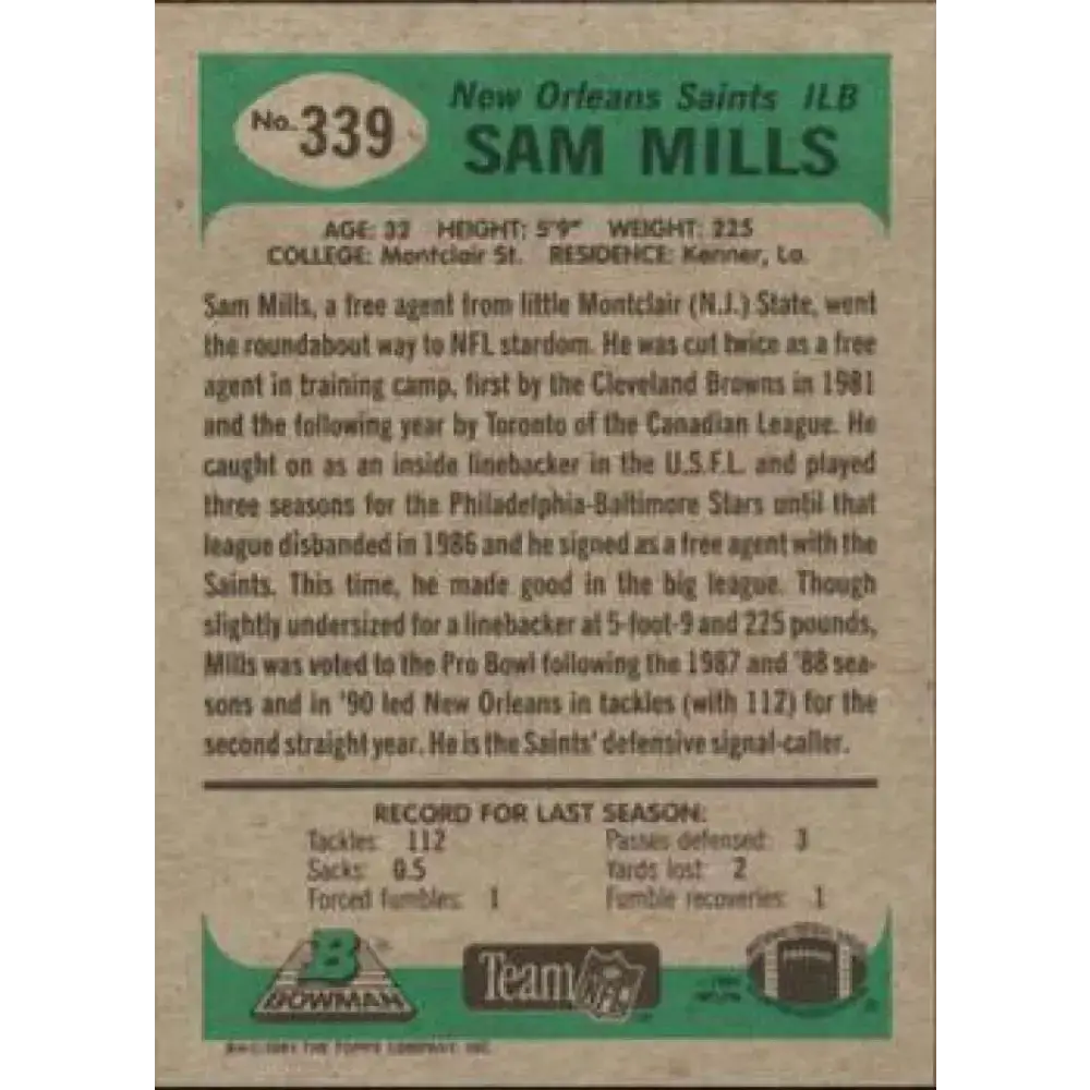 1991 Bowman #339 Sam Mills NM-MT New Orleans Saints Football Card - Football Card Single