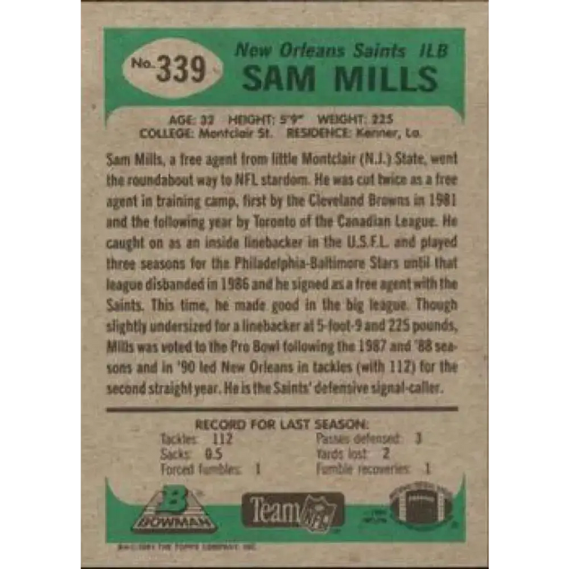 1991 Bowman #339 Sam Mills NM-MT New Orleans Saints Football Card - Football Card Single