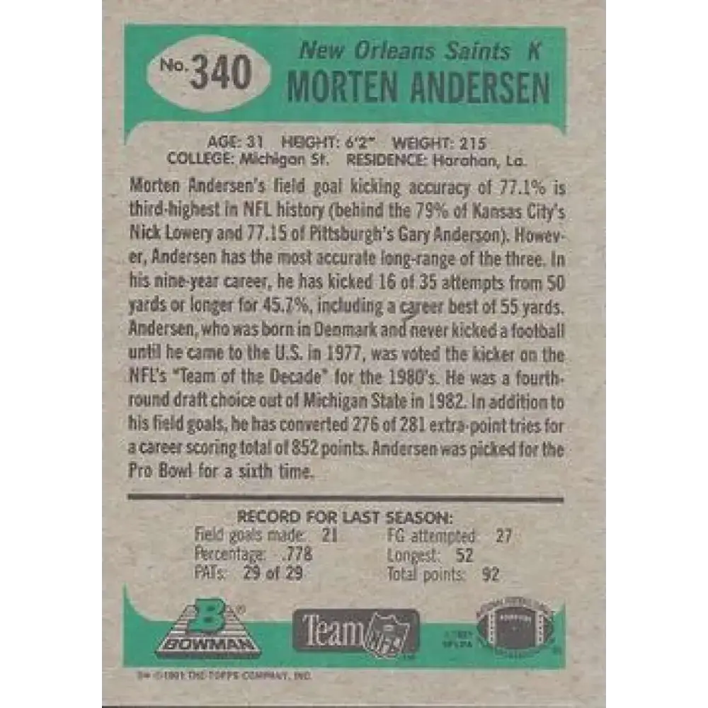 1991 Bowman #340 Morten Andersen NM-MT New Orleans Saints Football Card - Football Card Single