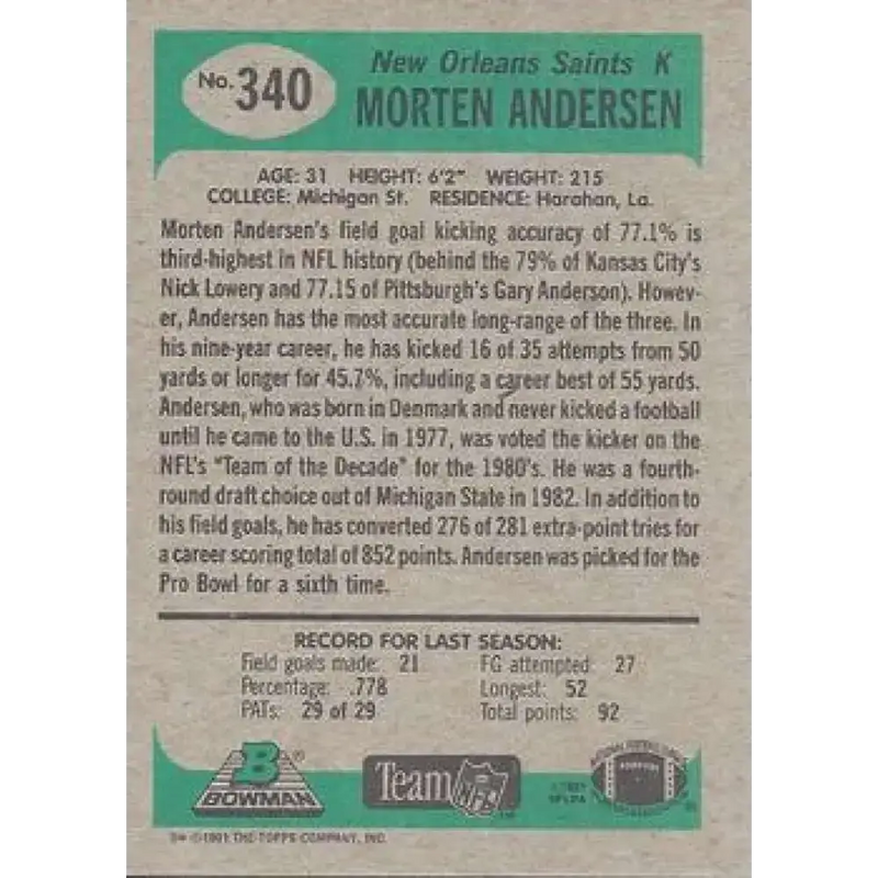 1991 Bowman #340 Morten Andersen NM-MT New Orleans Saints Football Card - Football Card Single