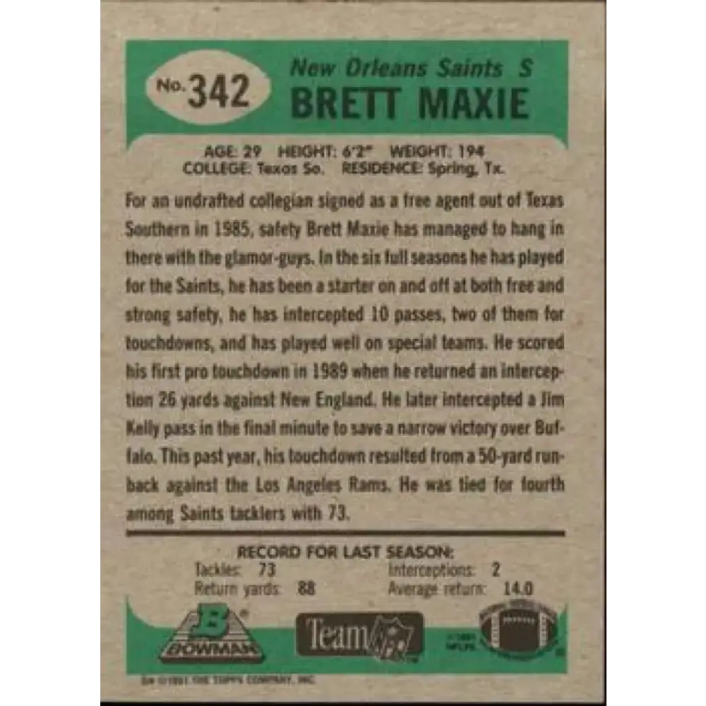 1991 Bowman #342 Brett Maxie NM-MT New Orleans Saints Football Card - Football Card Single