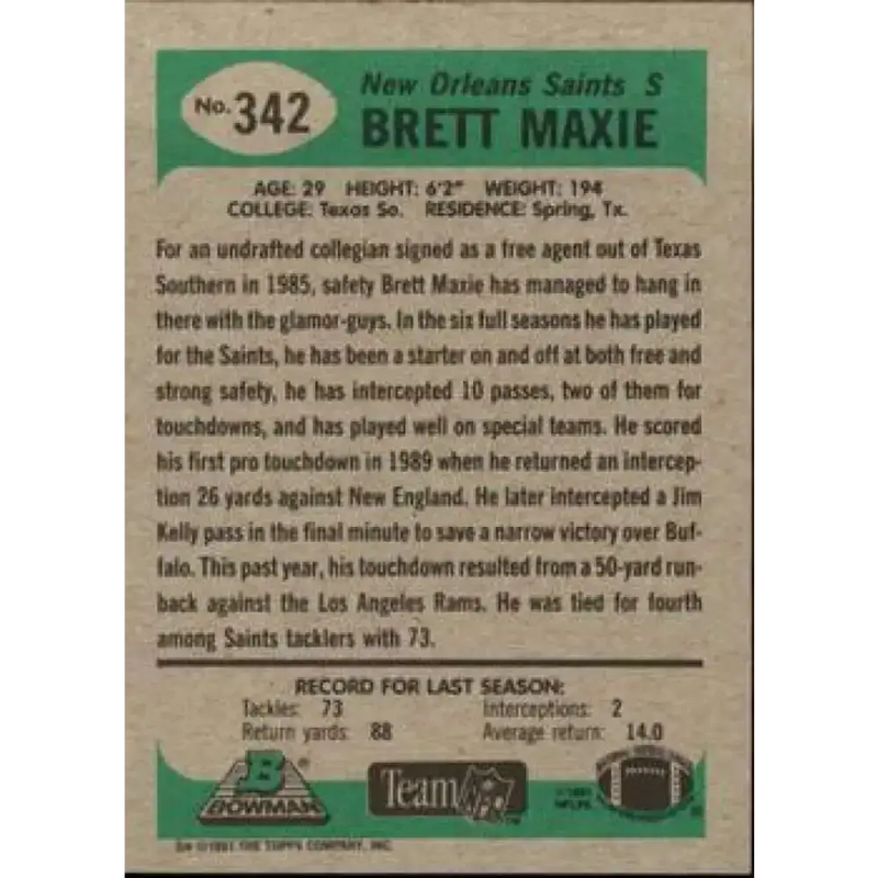 1991 Bowman #342 Brett Maxie NM-MT New Orleans Saints Football Card - Football Card Single
