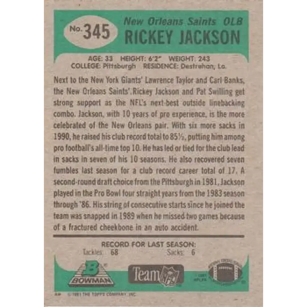 1991 Bowman #345 Rickey Jackson NM-MT New Orleans Saints Football Card - Football Card Single