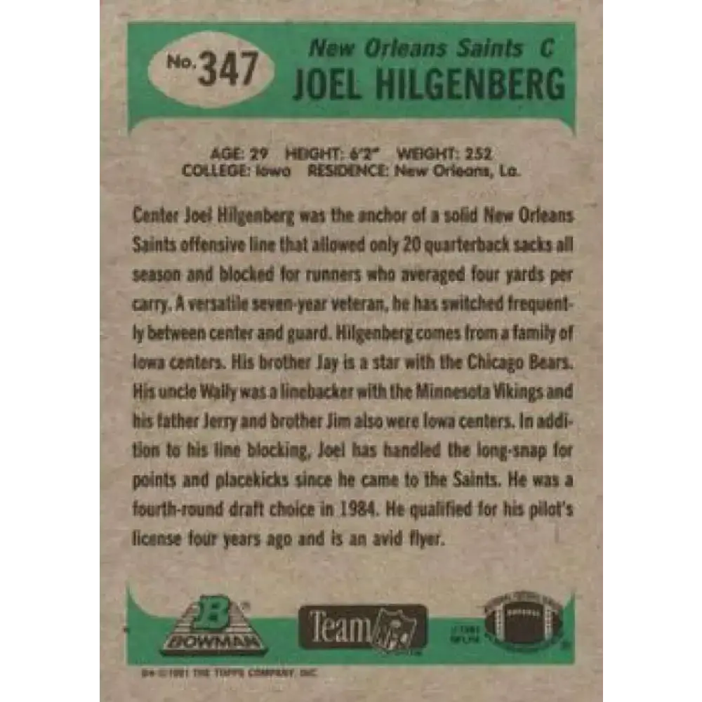 1991 Bowman #347 Joel Hilgenberg NM-MT New Orleans Saints Football Card - Football Card Single