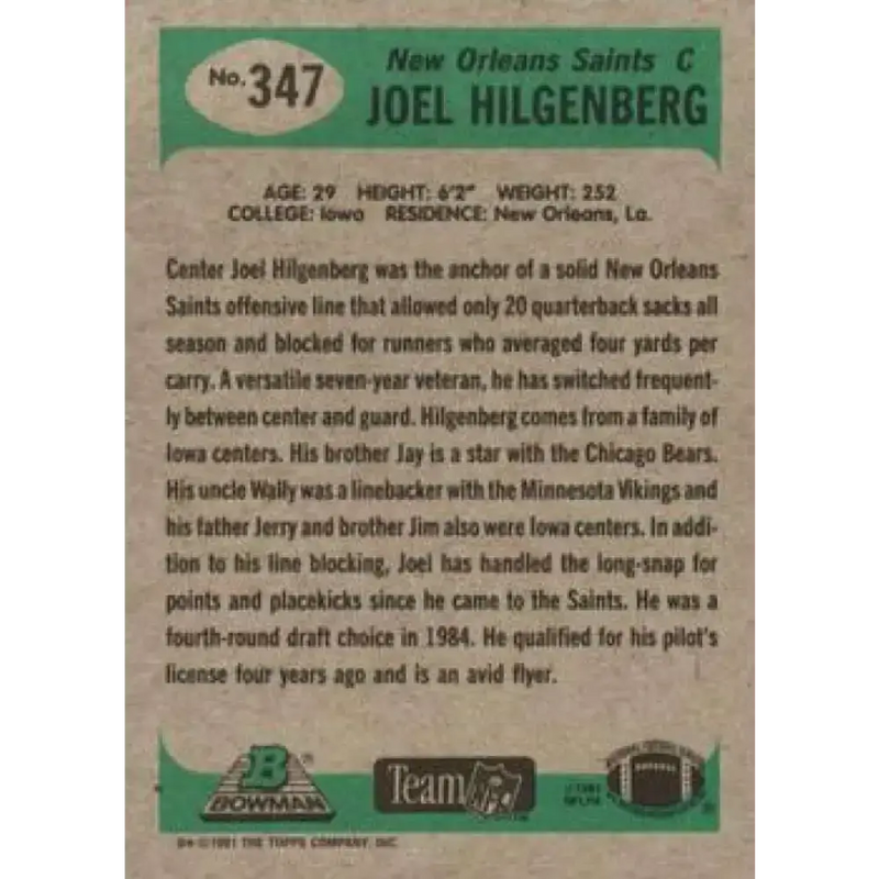 1991 Bowman #347 Joel Hilgenberg NM-MT New Orleans Saints Football Card - Football Card Single