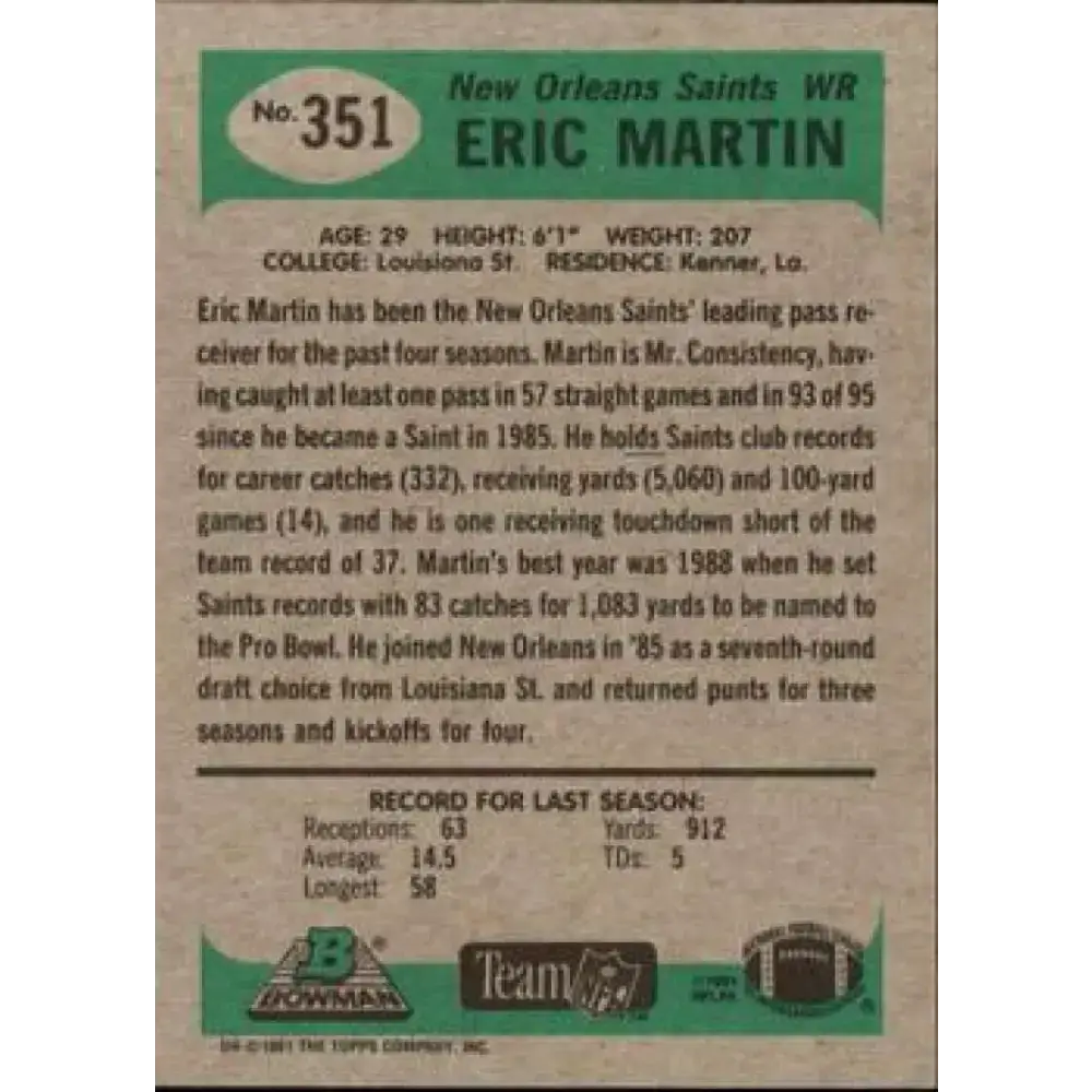 1991 Bowman #351 Eric Martin NM-MT New Orleans Saints Football Card - Football Card Single
