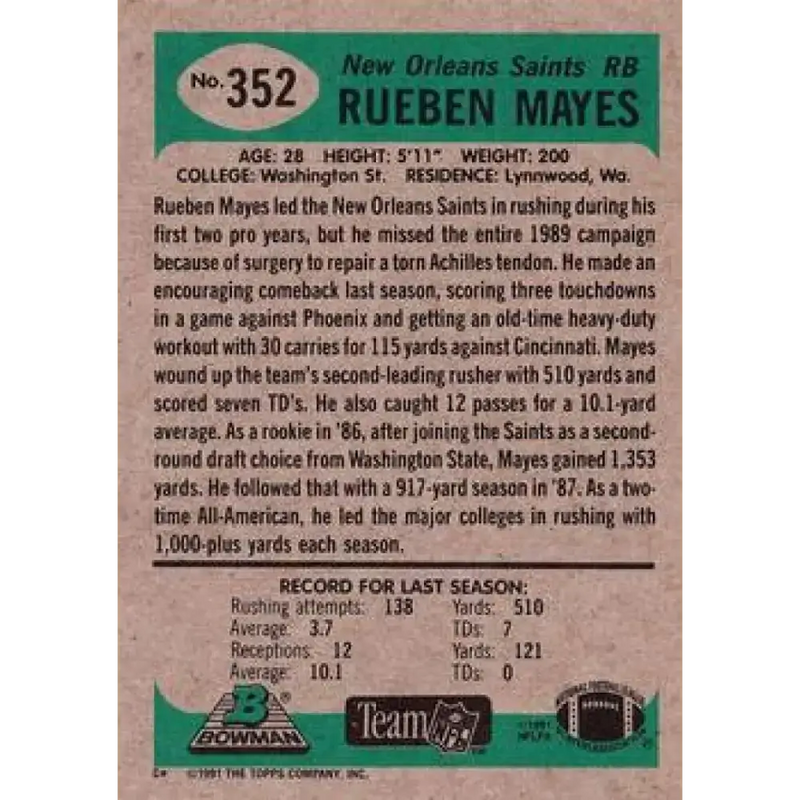 1991 Bowman #352 Rueben Mayes NM-MT New Orleans Saints Football Card - Football Card Single