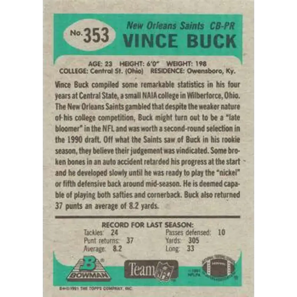 1991 Bowman #353 Vince Buck NM-MT New Orleans Saints Football Card - Football Card Single