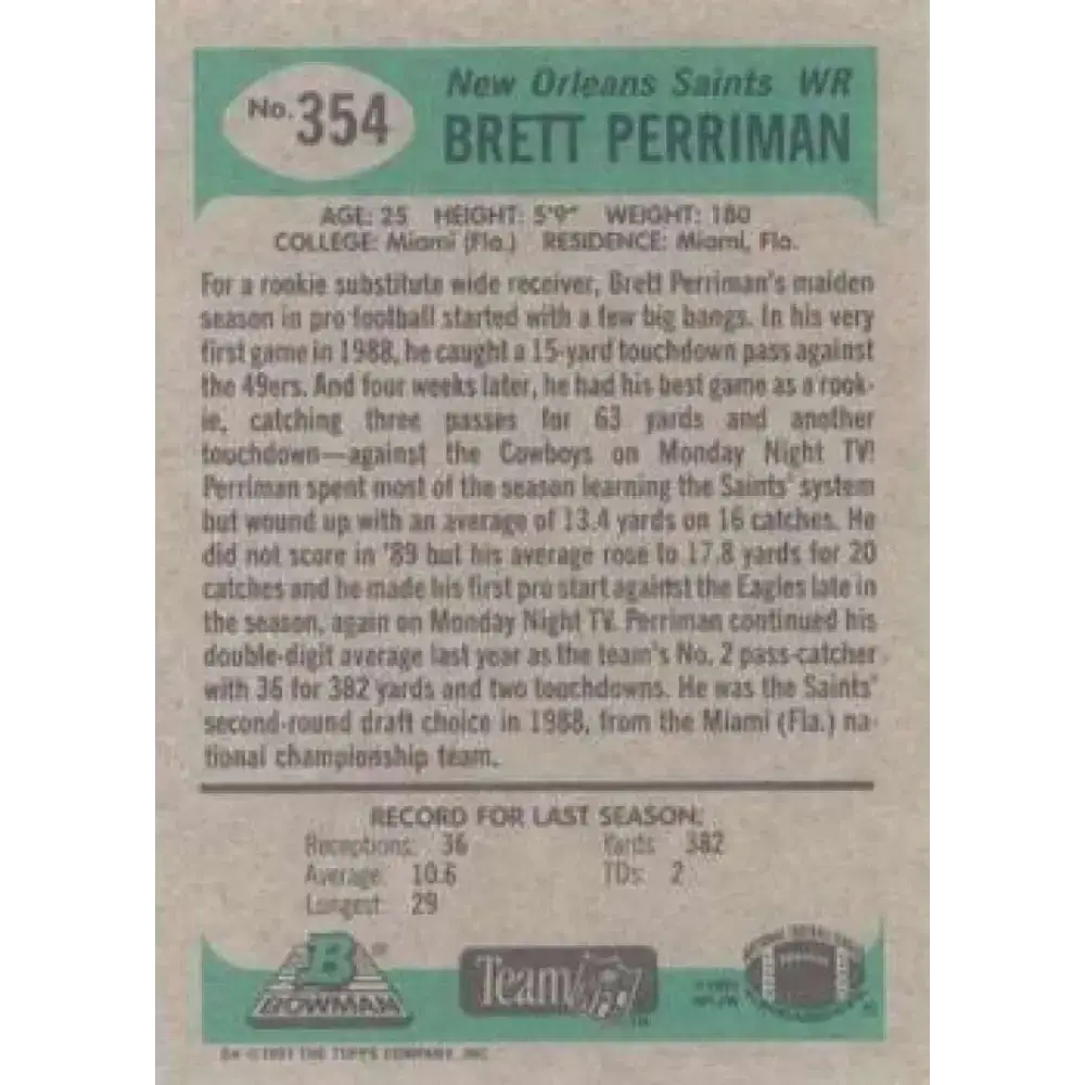 1991 Bowman #354 Brett Perriman NM-MT New Orleans Saints Football Card - Football Card Single