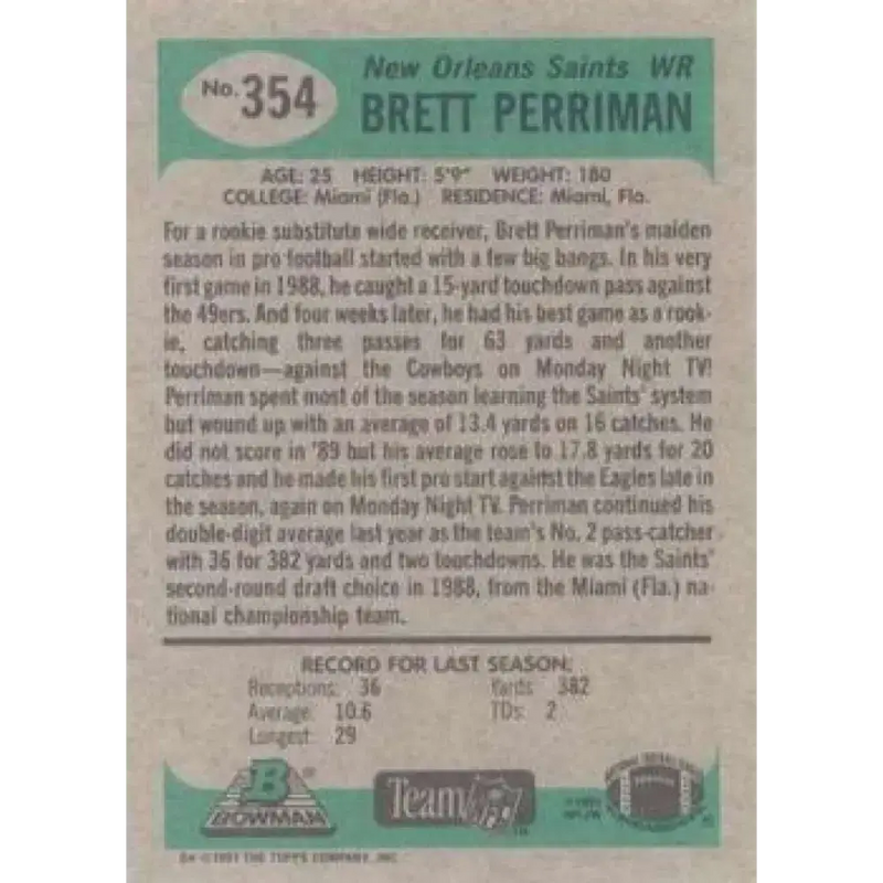 1991 Bowman #354 Brett Perriman NM-MT New Orleans Saints Football Card - Football Card Single