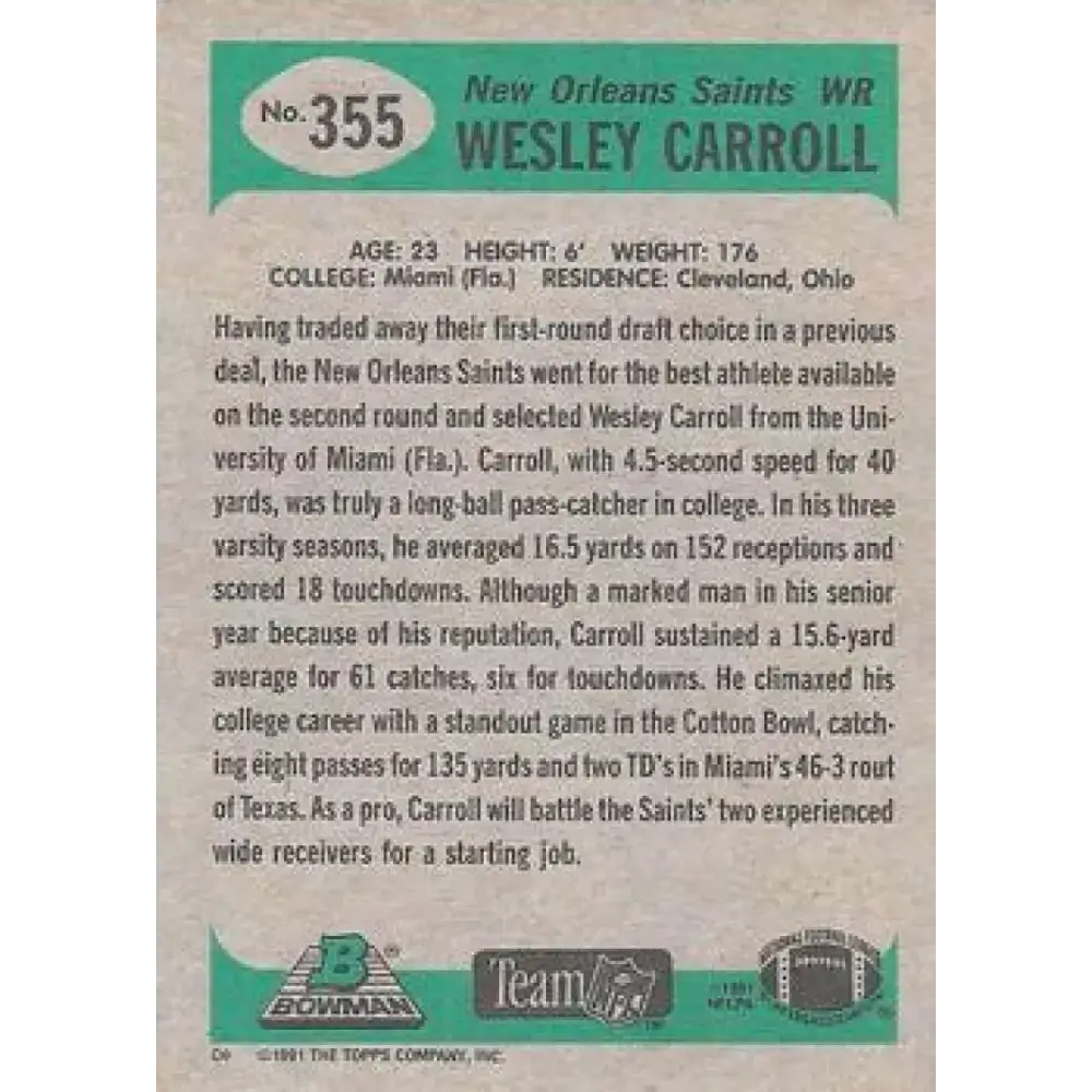 1991 Bowman #355 Wesley Carroll NM-MT RC Rookie New Orleans Saints Football Card - Football Card Single