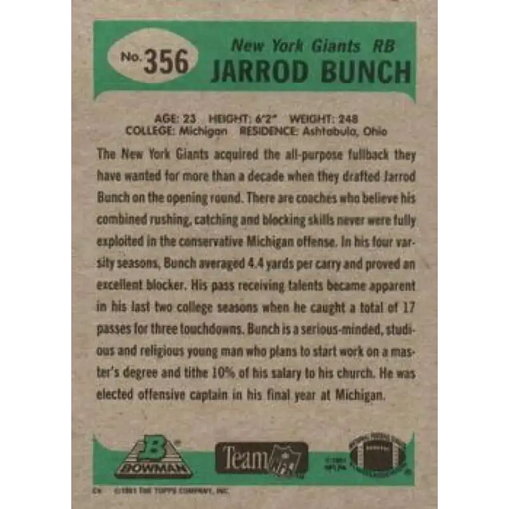 1991 Bowman #356 Jarrod Bunch NM-MT RC Rookie New York Giants Football Card