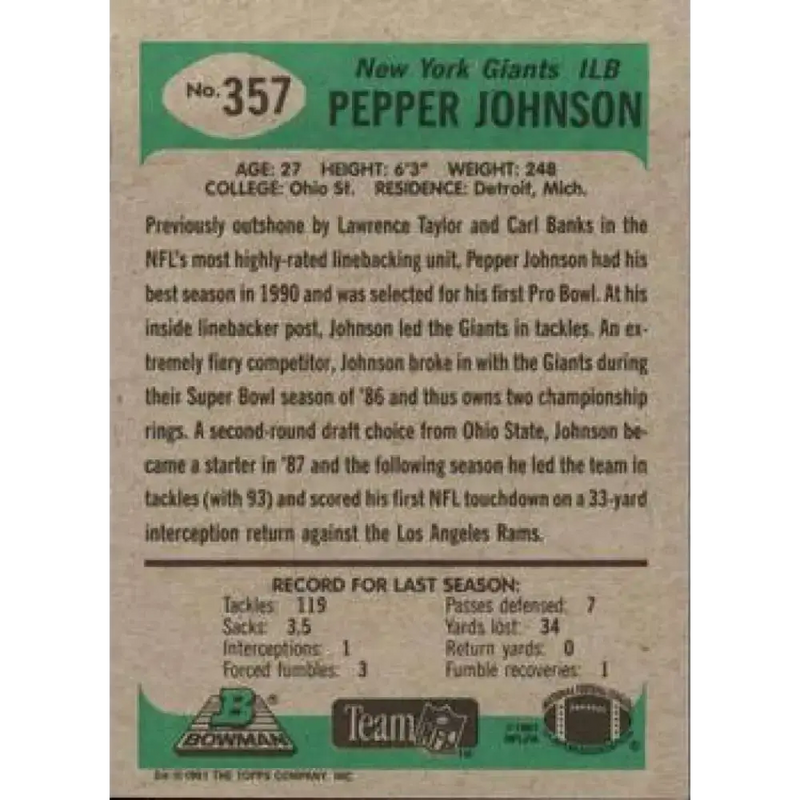 1991 Bowman #357 Pepper Johnson NM-MT New York Giants Football Card - Football Card Single