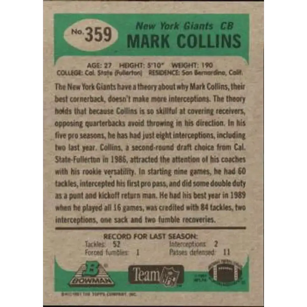 1991 Bowman #359 Mark Collins NM-MT New York Giants Football Card - Football Card Single