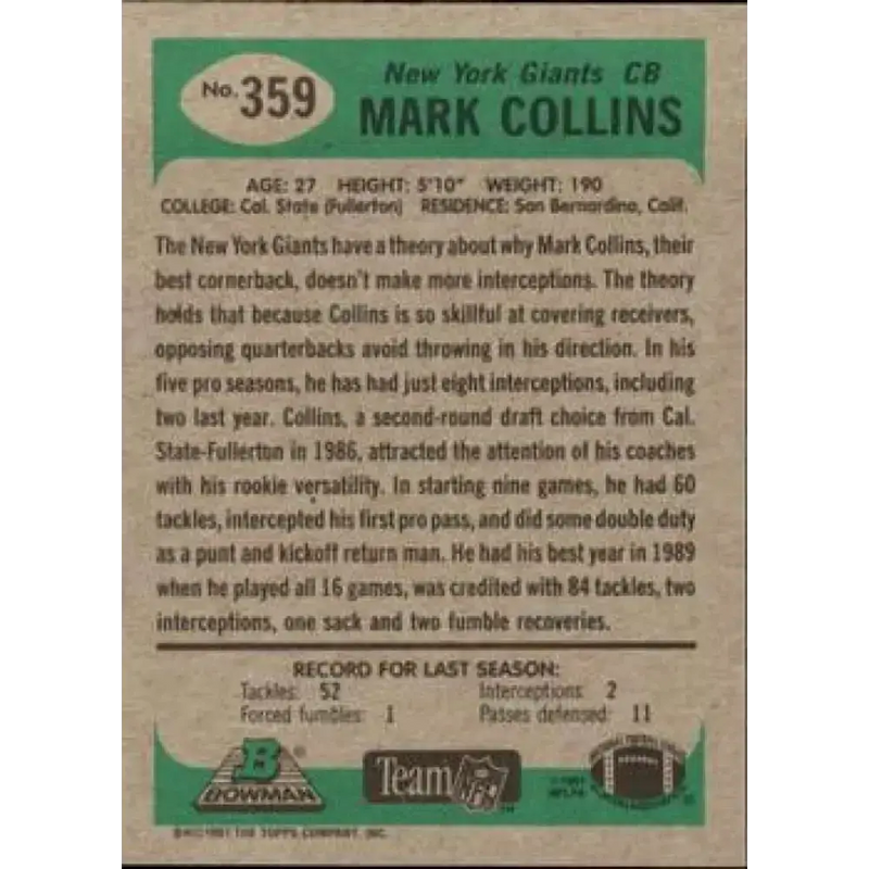 1991 Bowman #359 Mark Collins NM-MT New York Giants Football Card - Football Card Single