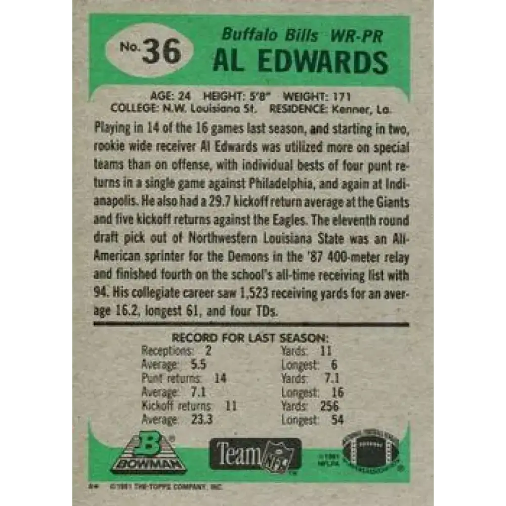 1991 Bowman #36 Al Edwards NM-MT Buffalo Bills Football Card - Football Card Single