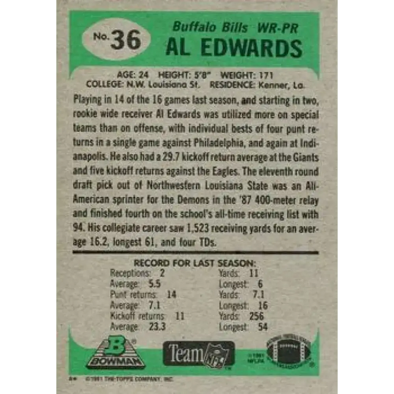1991 Bowman #36 Al Edwards NM-MT Buffalo Bills Football Card - Football Card Single
