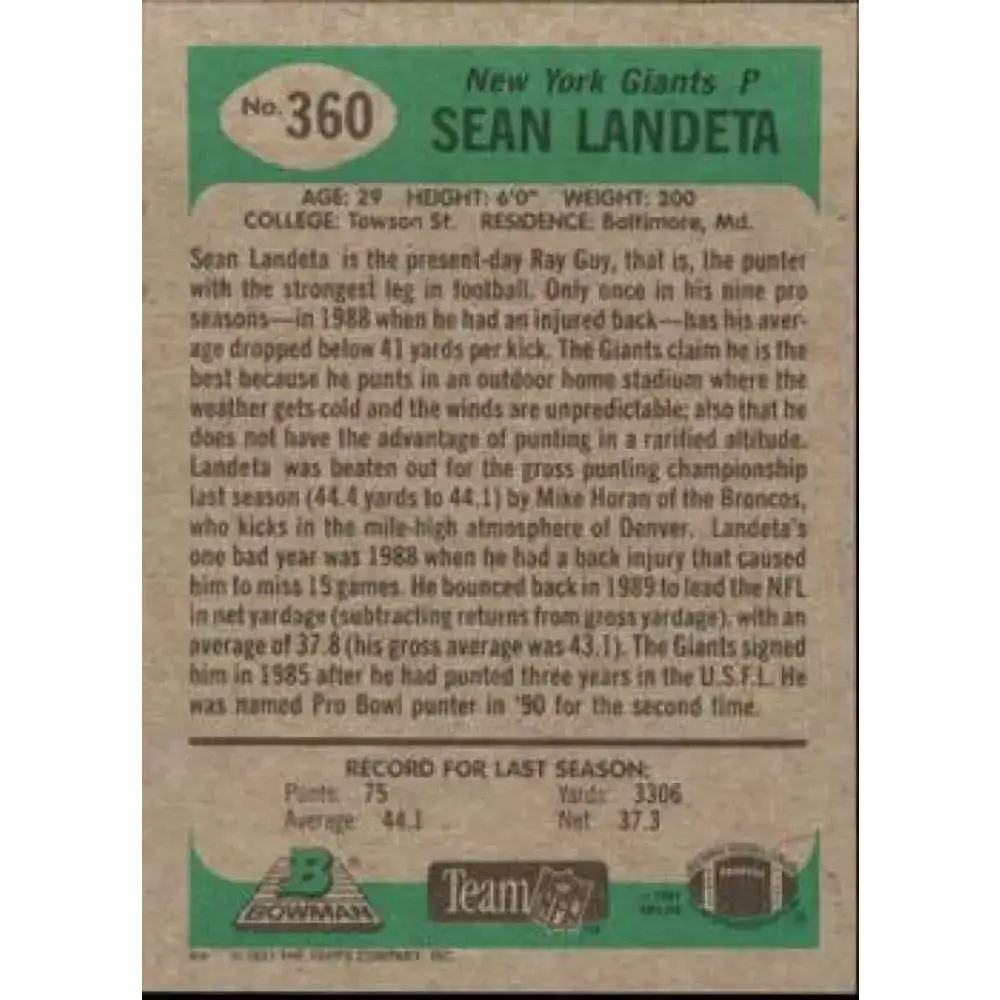 1991 Bowman #360 Sean Landeta NM-MT New York Giants Football Card - Football Card Single