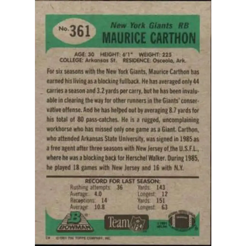 1991 Bowman #361 Maurice Carthon NM-MT New York Giants Football Card - Football Card Single
