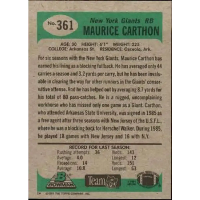 1991 Bowman #361 Maurice Carthon NM-MT New York Giants Football Card - Football Card Single