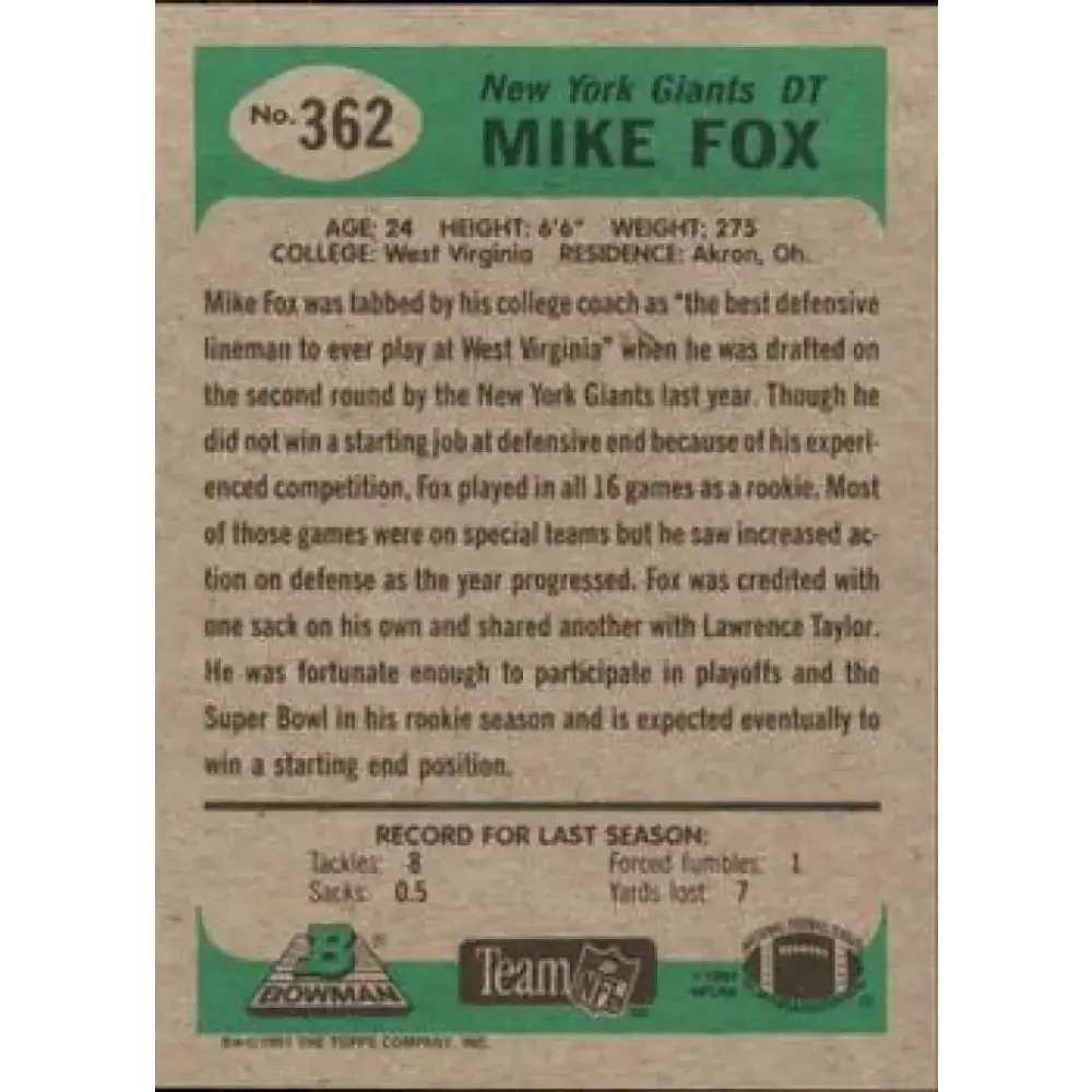 1991 Bowman #362 Mike Fox NM-MT New York Giants Football Card - Football Card Single