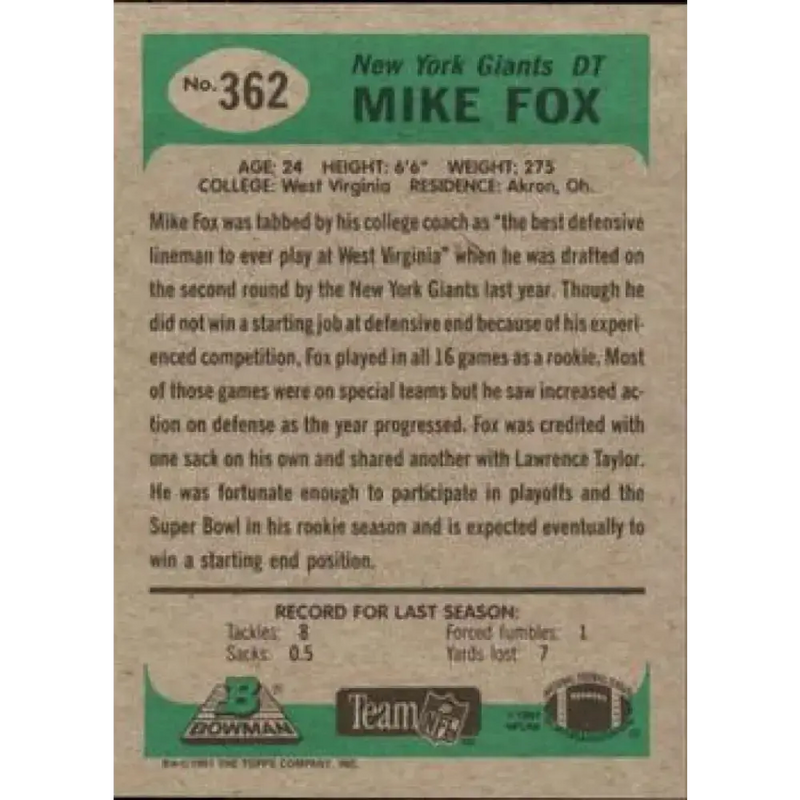 1991 Bowman #362 Mike Fox NM-MT New York Giants Football Card - Football Card Single