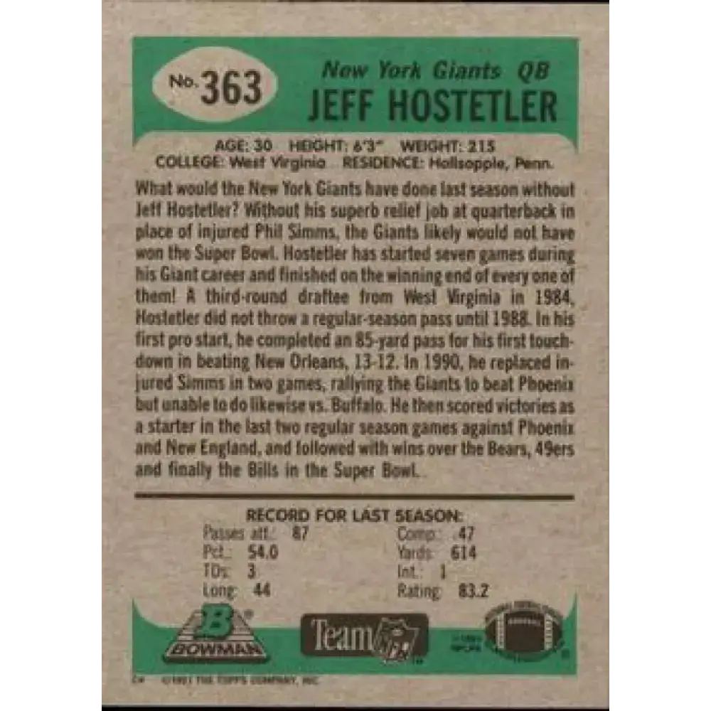 1991 Bowman #363 Jeff Hostetler NM-MT New York Giants Football Card - Football Card Single