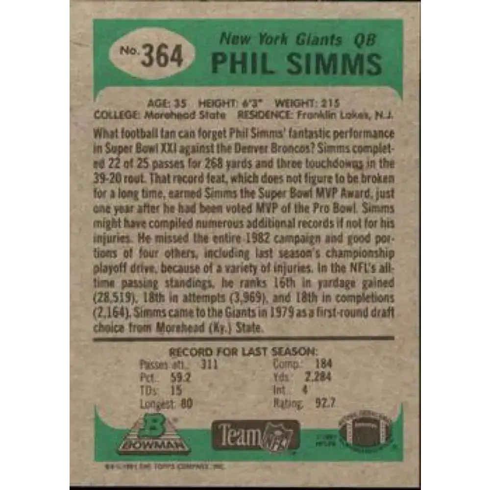 1991 Bowman #364 Phil Simms NM-MT New York Giants Football Card - Football Card Single