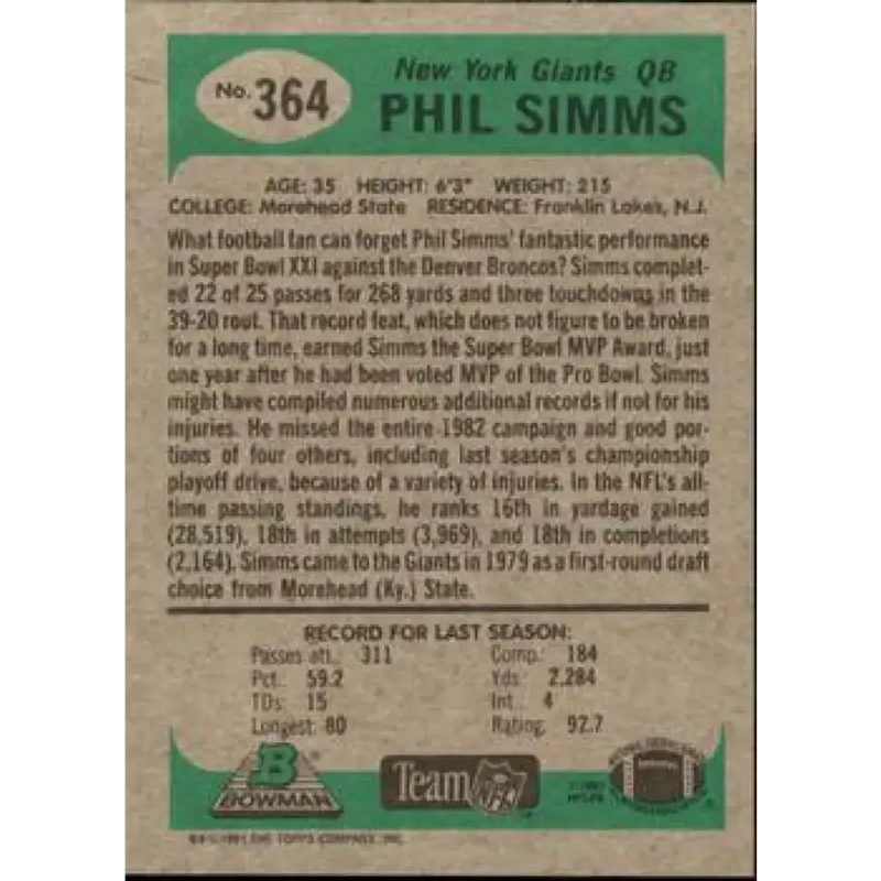 1991 Bowman #364 Phil Simms NM-MT New York Giants Football Card - Football Card Single