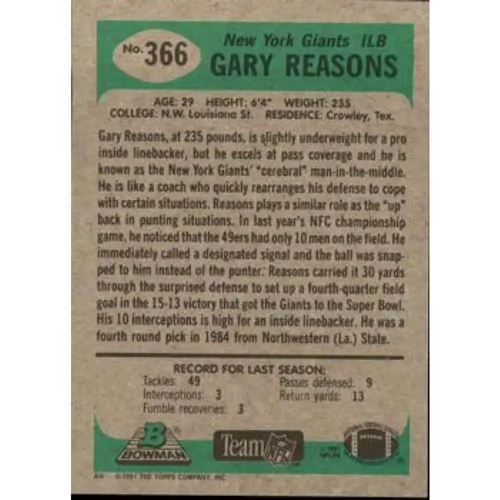 1991 Bowman #366 Gary Reasons NM-MT New York Giants Football Card - Football Card Single