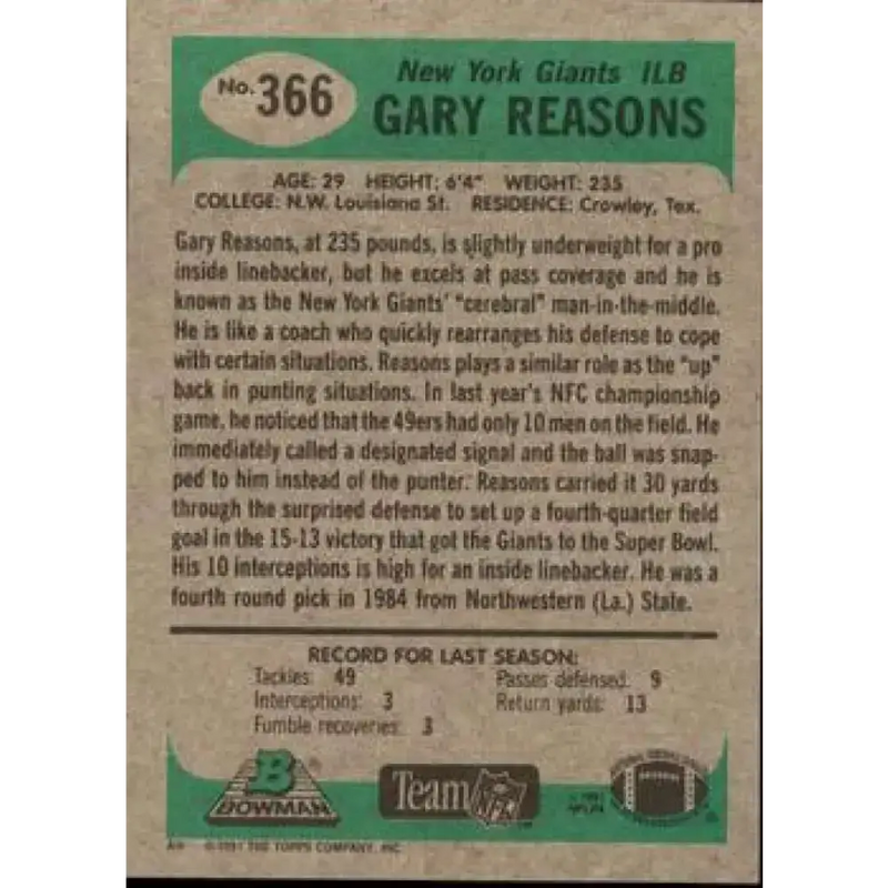 1991 Bowman #366 Gary Reasons NM-MT New York Giants Football Card - Football Card Single