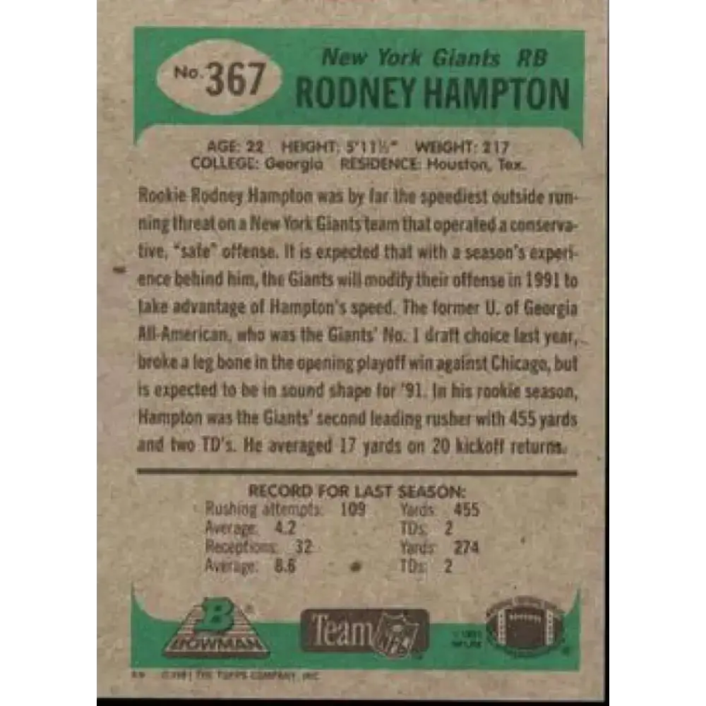 1991 Bowman #367 Rodney Hampton NM-MT New York Giants Football Card - Football Card Single