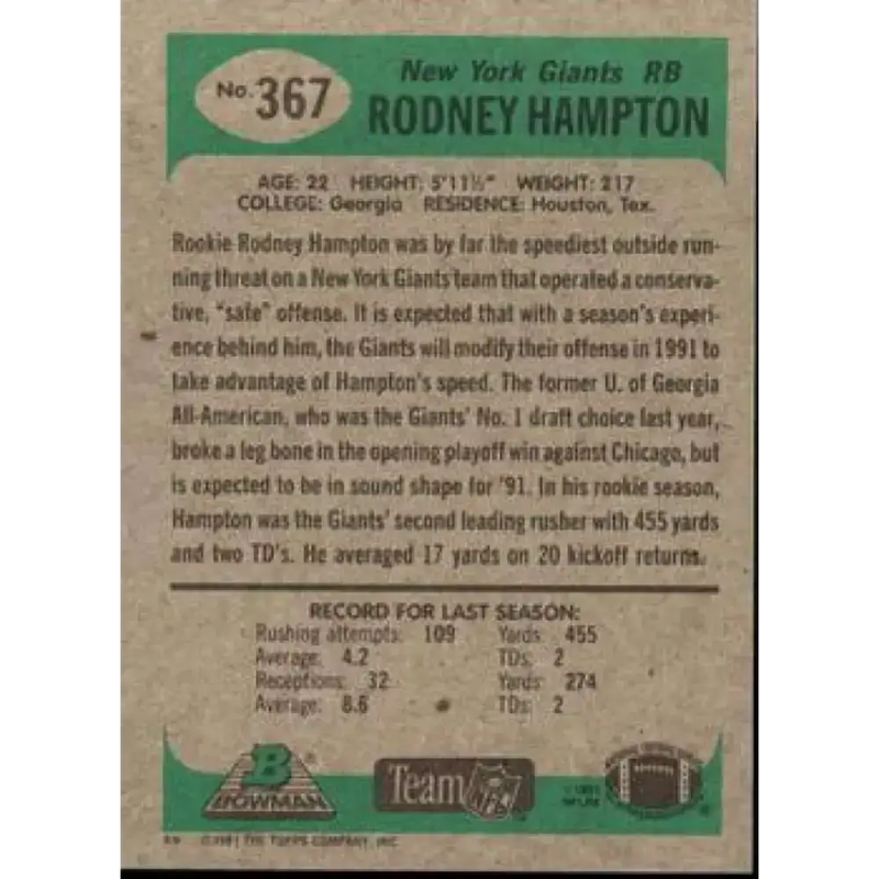 1991 Bowman #367 Rodney Hampton NM-MT New York Giants Football Card - Football Card Single