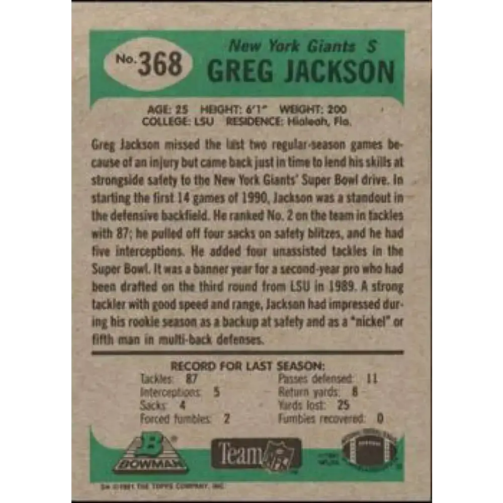 1991 Bowman #368 Greg Jackson NM-MT RC Rookie New York Giants Football Card - Football Card Single