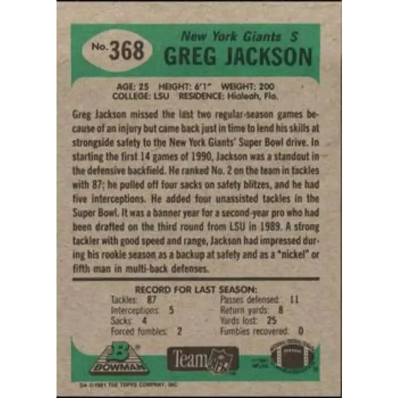 1991 Bowman #368 Greg Jackson NM-MT RC Rookie New York Giants Football Card - Football Card Single