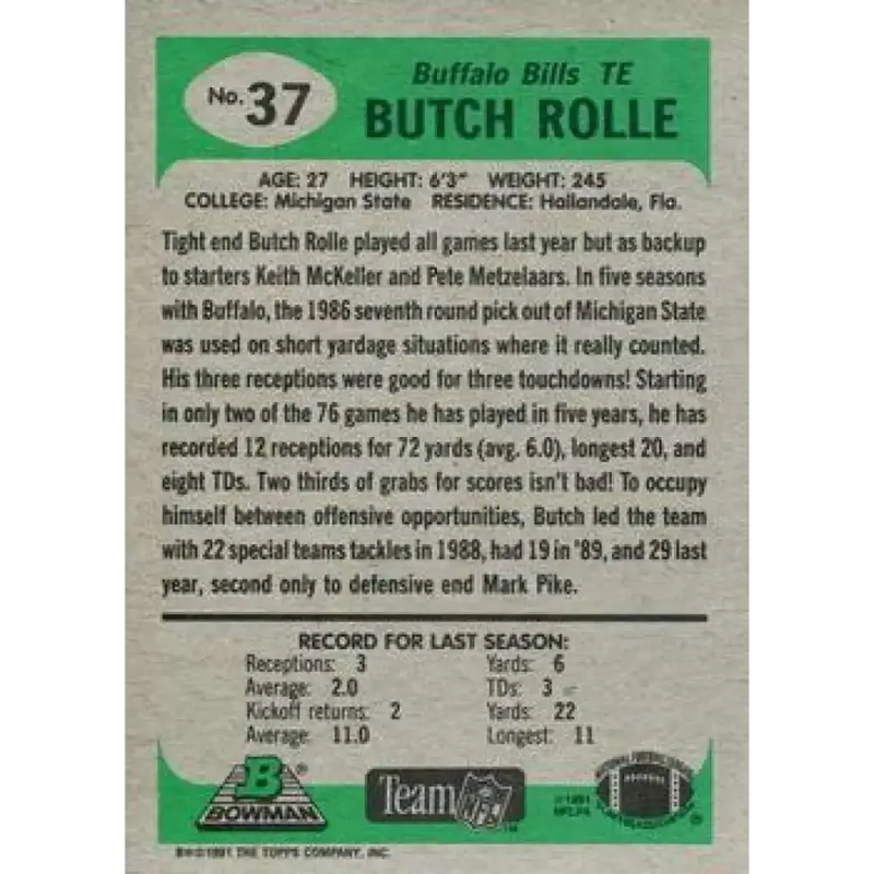 1991 Bowman #37 Butch Rolle NM-MT Buffalo Bills Football Card - Football Card Single