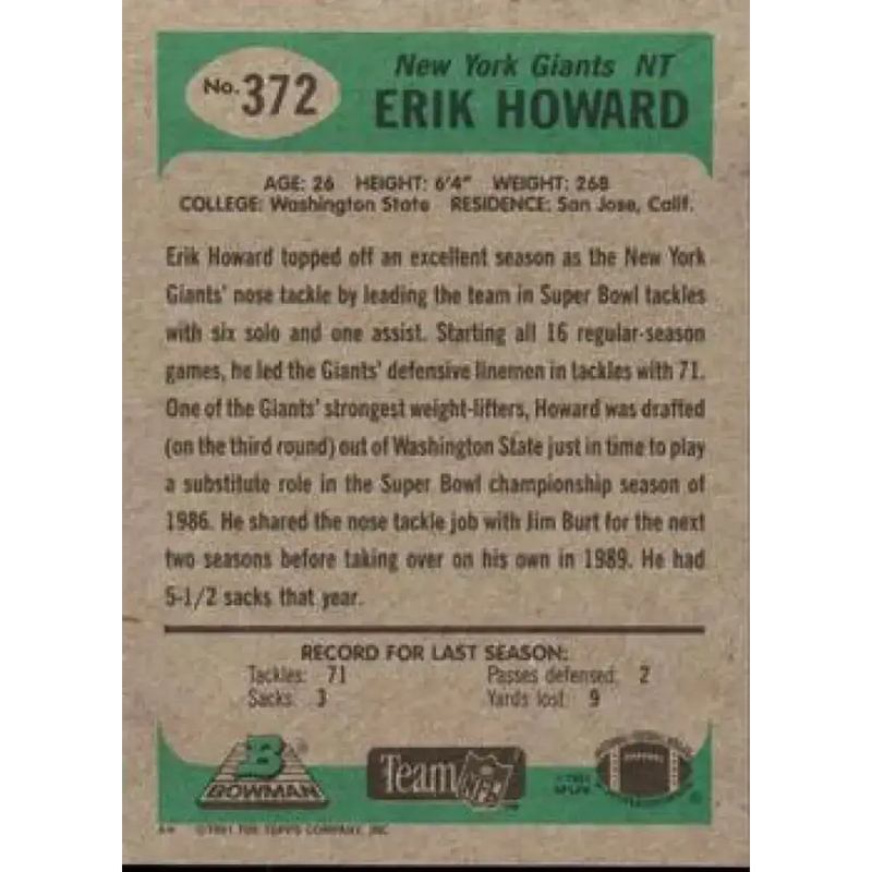 1991 Bowman #372 Erik Howard NM-MT New York Giants Football Card - Football Card Single