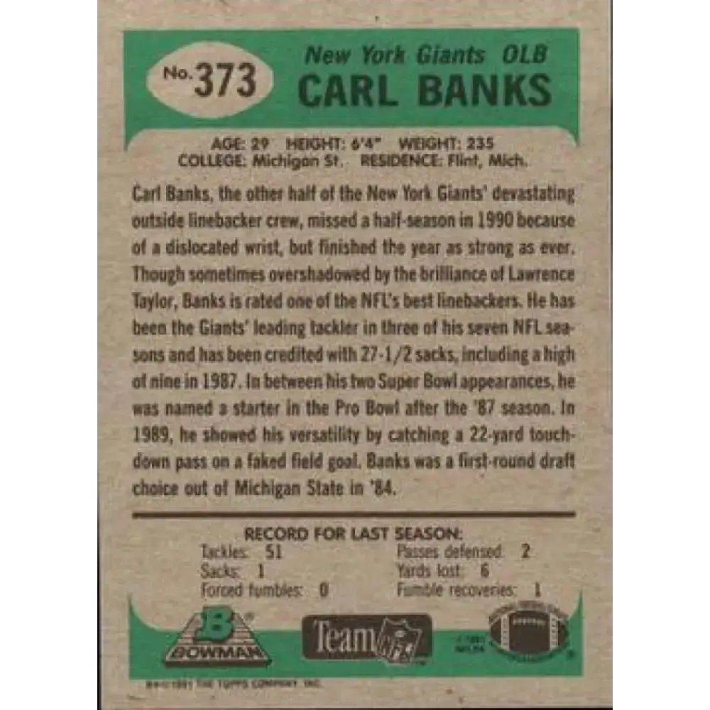1991 Bowman #373 Carl Banks NM-MT New York Giants Football Card - Football Card Single