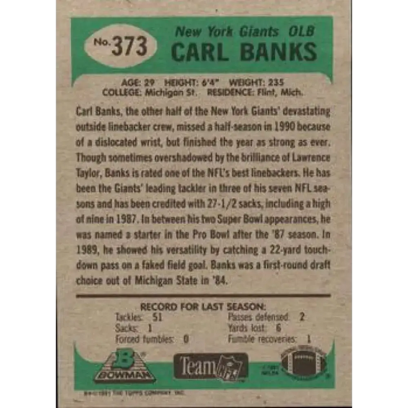 1991 Bowman #373 Carl Banks NM-MT New York Giants Football Card - Football Card Single