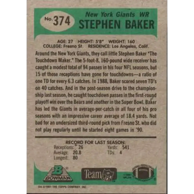 1991 Bowman #374 Stephen Baker NM-MT New York Giants Football Card - Football Card Single