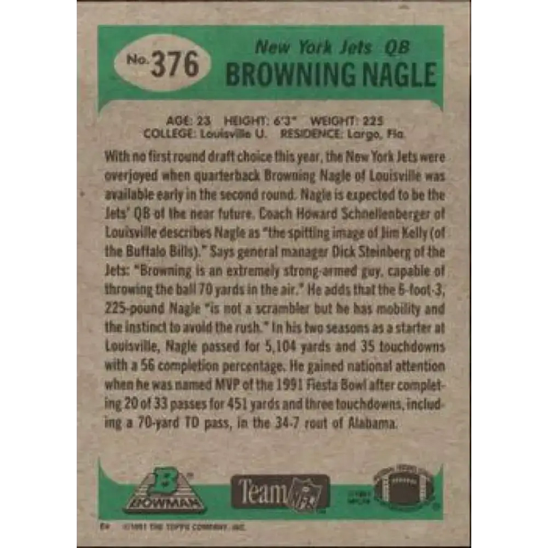 1991 Bowman #376 Browning Nagle NM-MT RC Rookie New York Jets Football Card - Football Card Single