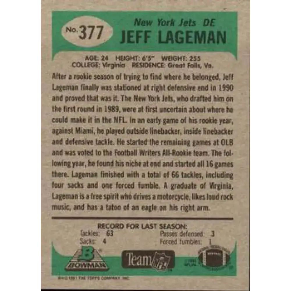 1991 Bowman #377 Jeff Lageman NM-MT New York Jets Football Card - Football Card Single